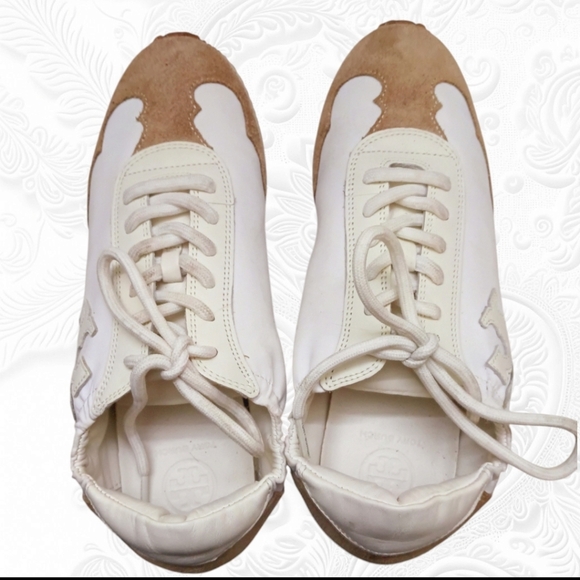Tory Burch Cerbiatto Suede Leather Nylon Ivory/Tan Sneakers Size 7 - Picture 9 of 13
